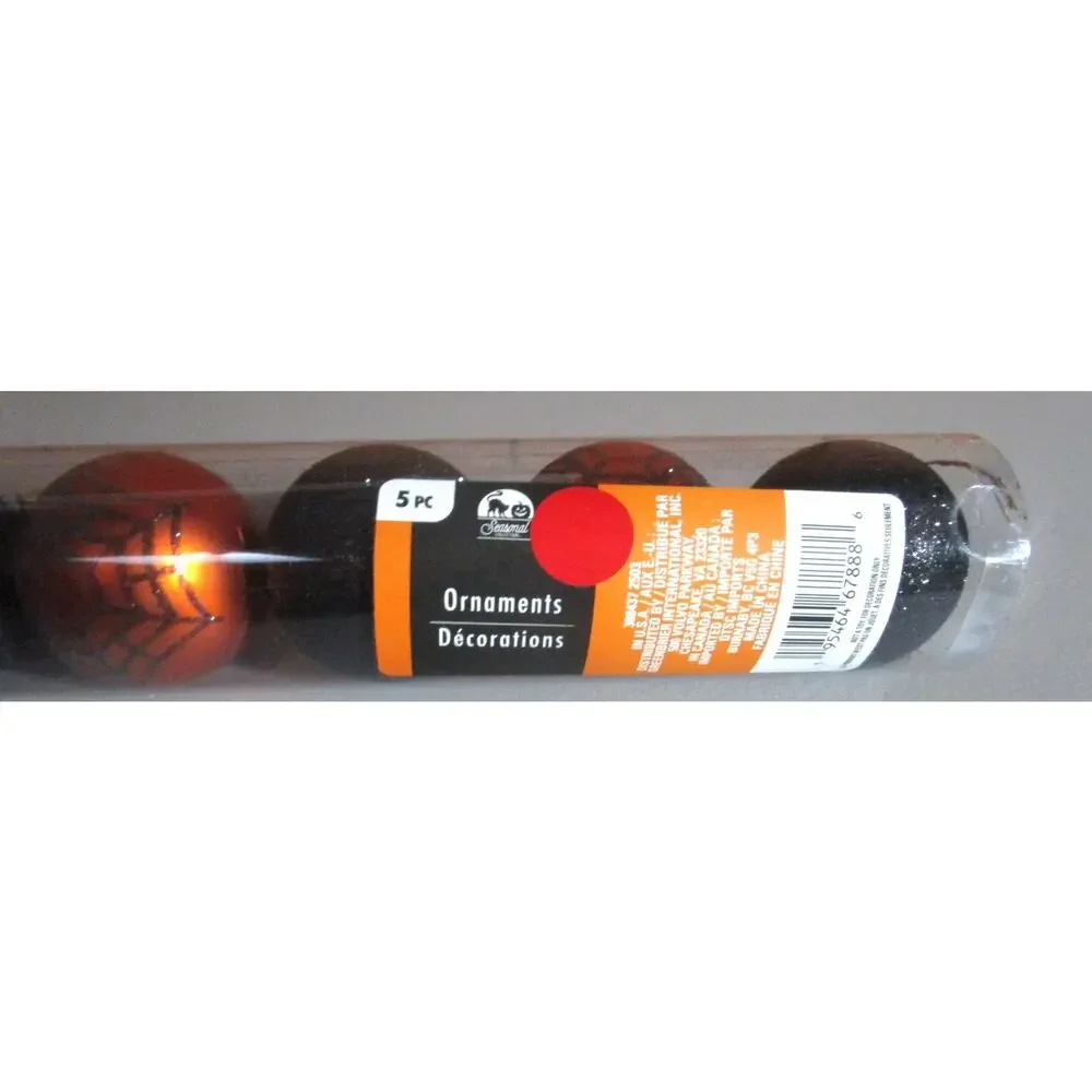 Halloween Ornaments Set Black & Orange Spiderweb Glitter Balls Tree Wreath Decor